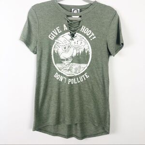 WOODSY OWL | Give a Hoot Don’t Pollute Tee Green Lace Up Front S